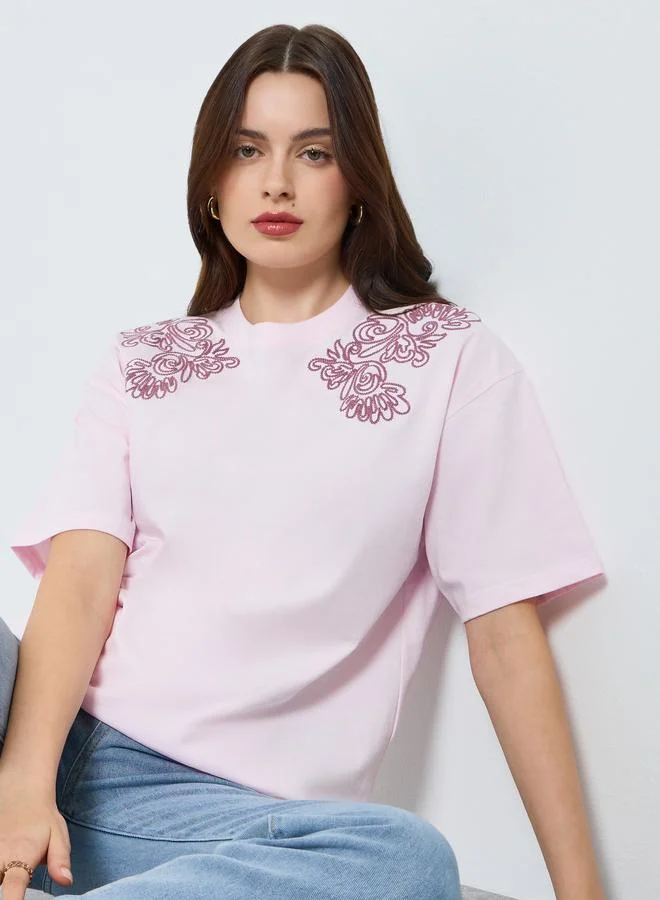 Styli Women Floral Tonal Embroidery 100% Cotton T-Shirt